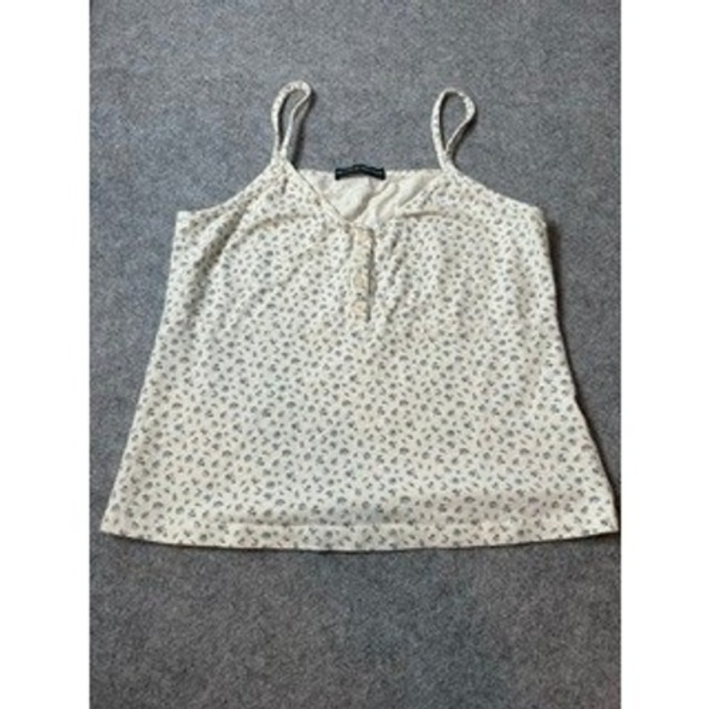 Brandy Melville Women Floral Cami Tank Top Cream Blue Button V-Neck Small